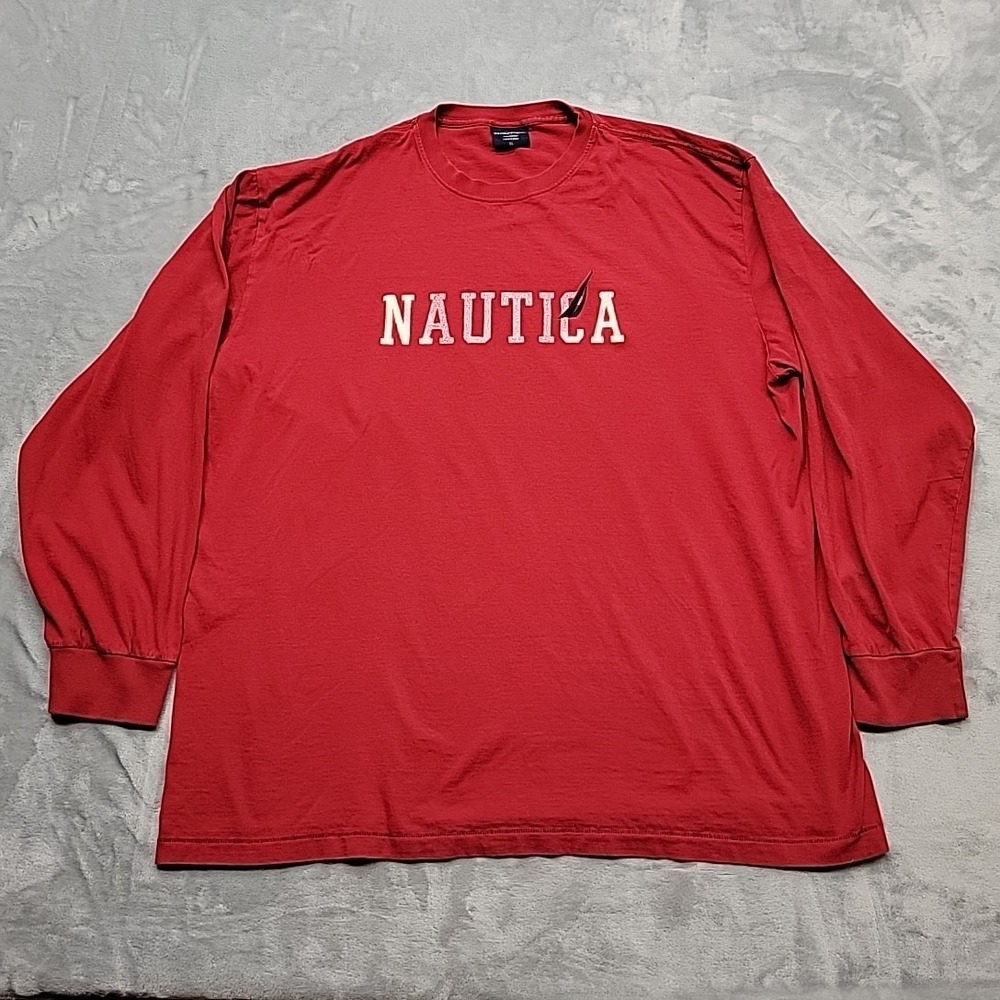 Nautica Shirt Mens XL Red Long Sleeve Big Logo Crew Neck Cotton Pullover TEE
